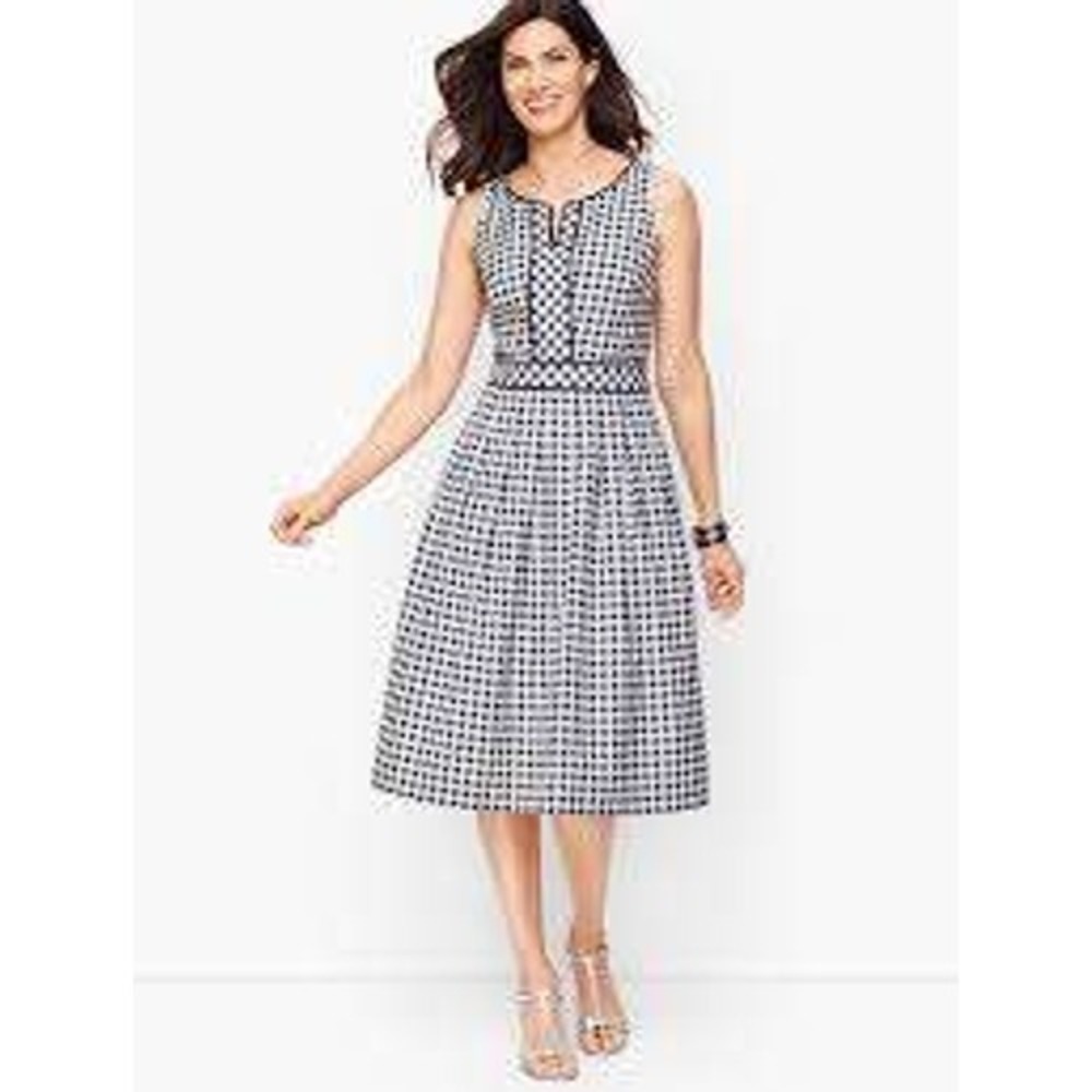 Talbots Petite Navy Gingham Fit and Flare Dress Sleeveless Split Neck Pockets 4P